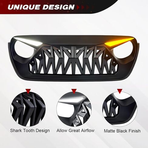 Front Grill Compatible with 2018-2026 Jeep Wrangler JL JLU & 2020+ Gladiator JT, Shark Grille w/DRL and Turn Signal Lights, Matte Black in Kuwait