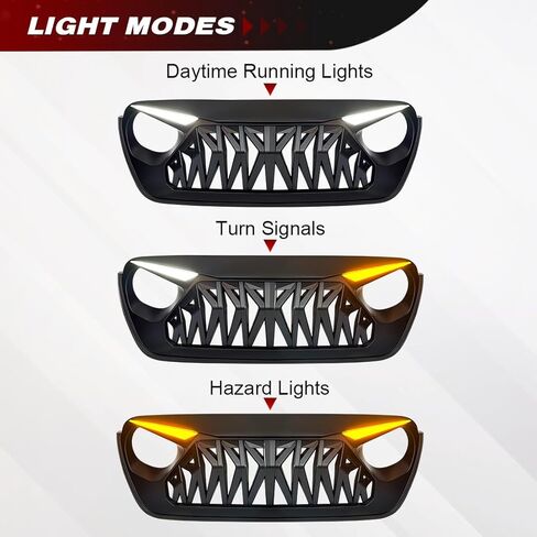 Front Grill Compatible with 2018-2026 Jeep Wrangler JL JLU & 2020+ Gladiator JT, Shark Grille w/DRL and Turn Signal Lights, Matte Black in Kuwait