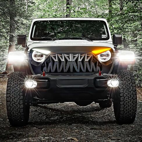 Front Grill Compatible with 2018-2026 Jeep Wrangler JL JLU & 2020+ Gladiator JT, Shark Grille w/DRL and Turn Signal Lights, Matte Black in Kuwait