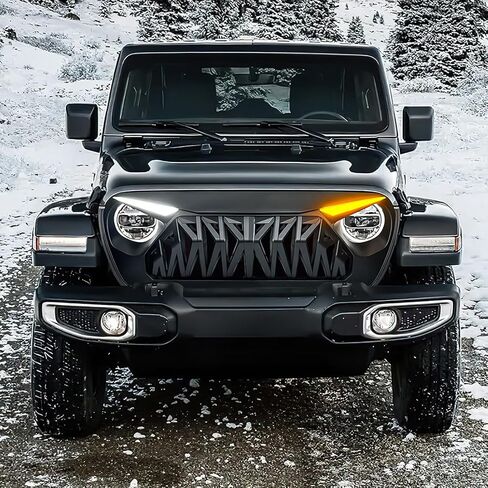 Front Grill Compatible with 2018-2026 Jeep Wrangler JL JLU & 2020+ Gladiator JT, Shark Grille w/DRL and Turn Signal Lights, Matte Black in Kuwait