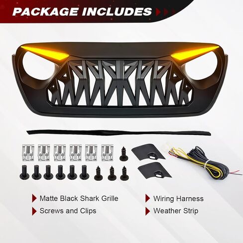 Front Grill Compatible with 2018-2026 Jeep Wrangler JL JLU & 2020+ Gladiator JT, Shark Grille w/DRL and Turn Signal Lights, Matte Black in Kuwait