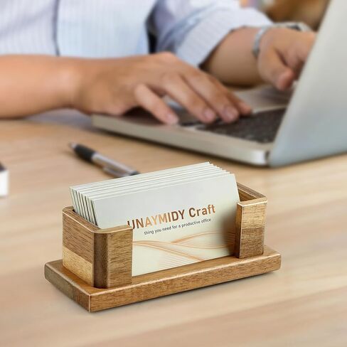 Business Card Holder for Desk, Acacia Wood Desktop Name Card Display Stand & Office Desk Accessories for Office Home Tabletop Exhibition in Kuwait