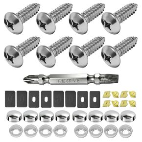Stainless Steel License Plate Screws, M6 x 20mm (1/4" x 3/4") Fasteners with Chrome Caps for Front/Rear Car Tag - Self-Tapping Screws Nylon Inserts + Screwdriver in Saudi Arabia
