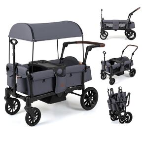 INFANS Wagon Stroller for 2 Kids, Foldable Wagon Cart with Adjustable Handle Pull Bar, Removable Canopy, Footwell, Snack Tray, Harnesses for Infants Toddlers 6-36 Months (Grey) in Kuwait