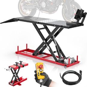 VEVOR Motorcycle Lift Table, 1500 lbs Capacity, Electric Hydraulic Pump with Scissor Lift Jack, Adjustable Wheel Chock, 9.05"-41.73" Height Range, 78.3" x 26.3" Heavy Duty Repair Stand for Dirt Bike in Kuwait