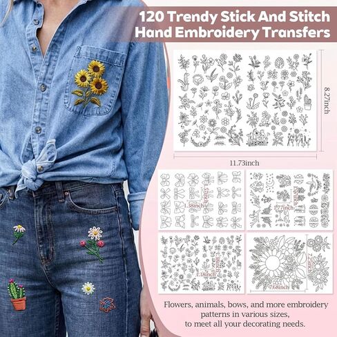 CLRDIVA Hand Embroidery Kit for Clothes: 120 Trendy Designs Flower Embroidery Patterns Stick and Stitch Transfers - Stamped Water Soluble Stabilizers for Adult Experienced Crafters DIY T-Shirts Jeans in Kuwait