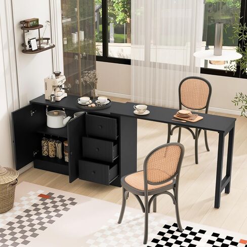 89.7''Wooden Sideboard with Extendable Table,Multifunctional Storage Cabinet with 2 Doors and 3 Drawers,for Living Room,Study,Foyer and Kitchen in Kuwait