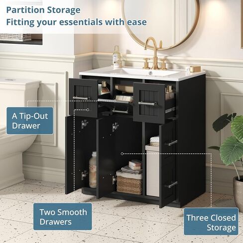 30inch Bathroom Vanity with Undermount Sink and Drawers, Painted Surface, Soft-Close Doors, Bathroom Cabinet with Tip-Out Drawer in Kuwait
