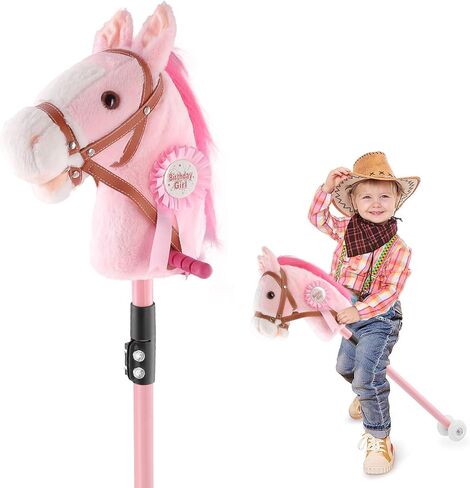 Hobby Horse, 30" to 50" Stick Horse for Cowboys Plush Handcrafted Hobby Horse on a Stick Real Pony Neighing and Galloping Sounds Stainless Steel Pole with Lighting Wheels Sponge Grip in Saudi Arabia
