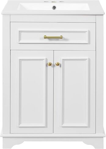 24" Bathroom Vanity with Integrated Ceramic Sink, Bathroom Cabinet with 2 Doors, 1 Tip-Out Drawer, Single Sink Bathroom Vanity for Small and Medium Restroom, White in Kuwait