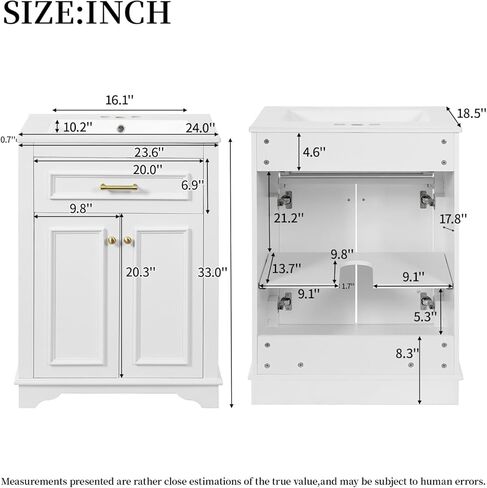 24" Bathroom Vanity with Integrated Ceramic Sink, Bathroom Cabinet with 2 Doors, 1 Tip-Out Drawer, Single Sink Bathroom Vanity for Small and Medium Restroom, White in Kuwait