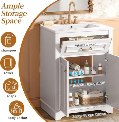 24" Bathroom Vanity with Integrated Ceramic Sink, Bathroom Cabinet with 2 Doors, 1 Tip-Out Drawer, Single Sink Bathroom Vanity for Small and Medium Restroom, White in Kuwait