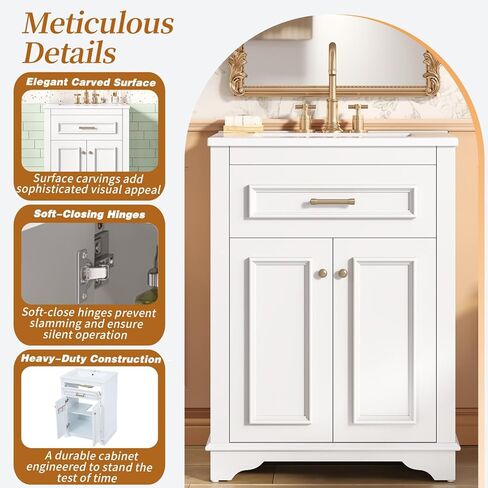 24" Bathroom Vanity with Integrated Ceramic Sink, Bathroom Cabinet with 2 Doors, 1 Tip-Out Drawer, Single Sink Bathroom Vanity for Small and Medium Restroom, White in Kuwait