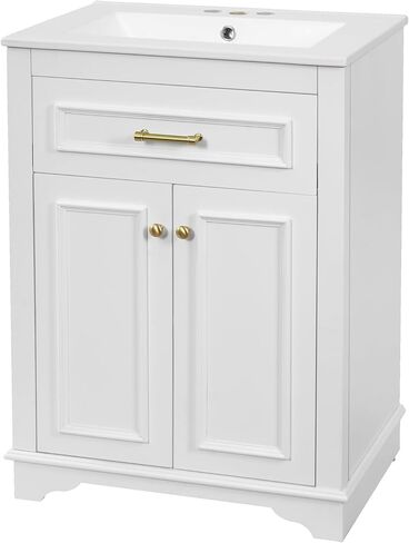 24" Bathroom Vanity with Integrated Ceramic Sink, Bathroom Cabinet with 2 Doors, 1 Tip-Out Drawer, Single Sink Bathroom Vanity for Small and Medium Restroom, White in Kuwait