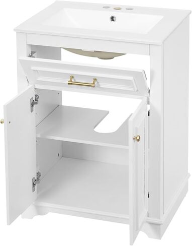 24" Bathroom Vanity with Integrated Ceramic Sink, Bathroom Cabinet with 2 Doors, 1 Tip-Out Drawer, Single Sink Bathroom Vanity for Small and Medium Restroom, White in Kuwait