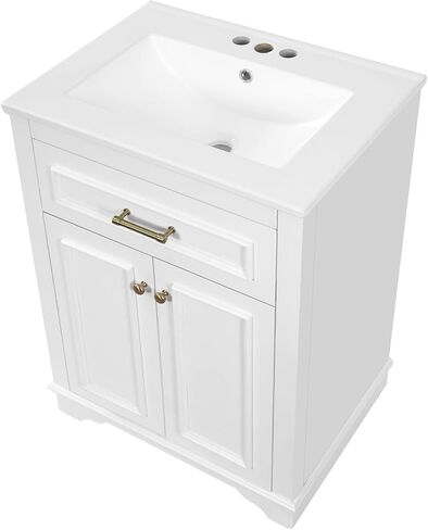 24" Bathroom Vanity with Integrated Ceramic Sink, Bathroom Cabinet with 2 Doors, 1 Tip-Out Drawer, Single Sink Bathroom Vanity for Small and Medium Restroom, White in Kuwait