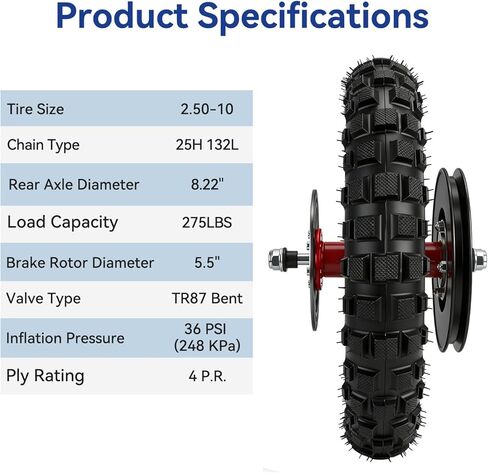 MX650 Rear Wheel Assembly Replacement for Razor MX500 MX650 SX500 McGrath Dirt Rocket Bike, 2.50-10 Dirt Bike Tire with 2.50x10 Inner Tube Brake Rotor 25H Chain Sprocket Parts with Red Rim in Kuwait