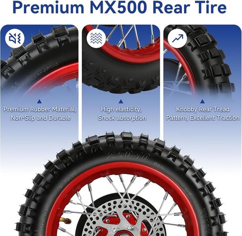 MX650 Rear Wheel Assembly Replacement for Razor MX500 MX650 SX500 McGrath Dirt Rocket Bike, 2.50-10 Dirt Bike Tire with 2.50x10 Inner Tube Brake Rotor 25H Chain Sprocket Parts with Red Rim in Kuwait
