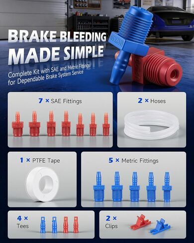 Orion Motor Tech Master Cylinder Bleeder Kit Compatible with 13911, 21pc Complete Brake Bleeder Tool Kit with SAE & Metric Fittings, 22 in Clear Hose, Clips and PTFE Tape, Universal Fit in Kuwait