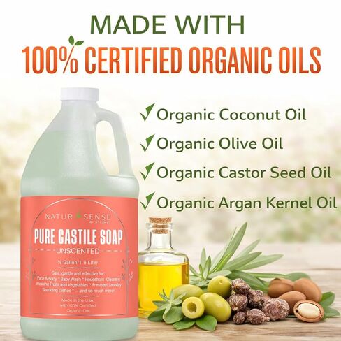 صابون قشتالي نقي من NTRSNS NaturSense - غير معطر، مصنوع من زيوت عضوية معتمدة بنسبة 100%، غسول لطيف شخصي وغسول للأطفال، تنظيف منزلي آمن وفعال، 64 أونصة/نصف جالون in Saudi Arabia