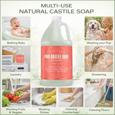 صابون قشتالي نقي من NTRSNS NaturSense - غير معطر، مصنوع من زيوت عضوية معتمدة بنسبة 100%، غسول لطيف شخصي وغسول للأطفال، تنظيف منزلي آمن وفعال، 64 أونصة/نصف جالون in Saudi Arabia