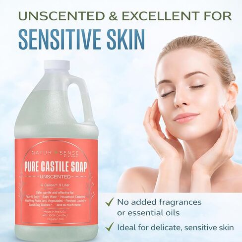 صابون قشتالي نقي من NTRSNS NaturSense - غير معطر، مصنوع من زيوت عضوية معتمدة بنسبة 100%، غسول لطيف شخصي وغسول للأطفال، تنظيف منزلي آمن وفعال، 64 أونصة/نصف جالون in Saudi Arabia