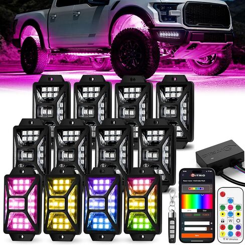 12 Pods Five Sided RGB Rock Lights for Trucks UTV SUV ATV Golf Cart, Multi Chasing Color App/2 Remote Control Led Rock Lights with Music Mode, Waterproof Exterior Underglow Kits for Cars(Patented) in Kuwait