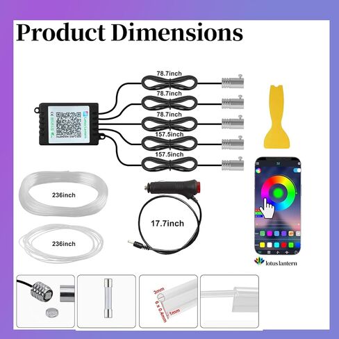 DIBMS APP التحكم 5 في 1 RGB 16 مليون لون خيارات أضواء شريط LED الداخلية للسيارة، مجموعة إضاءة محيطة من الألياف الضوئية 236 بوصة مع وضع الموسيقى، تناسب عالمي للسيارات والشاحنات ولوحة قيادة سيارات الدفع الرباعي in Kuwait