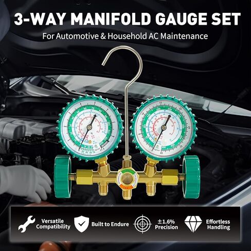 PB Motor Tech 3 Way AC Manifold Gauge Set for R134A R12 R22 R502 Refrigerants, with Quick Couplers, Two Can Taps, Hoses, Valve Core Tool, for Automotive & Household AC Maintenance (Green) in Kuwait