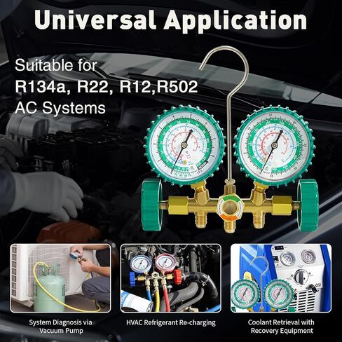 PB Motor Tech 3 Way AC Manifold Gauge Set for R134A R12 R22 R502 Refrigerants, with Quick Couplers, Two Can Taps, Hoses, Valve Core Tool, for Automotive & Household AC Maintenance (Green) in Kuwait