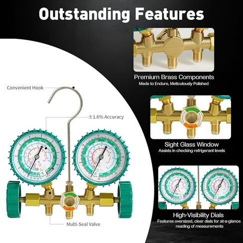PB Motor Tech 3 Way AC Manifold Gauge Set for R134A R12 R22 R502 Refrigerants, with Quick Couplers, Two Can Taps, Hoses, Valve Core Tool, for Automotive & Household AC Maintenance (Green) in Kuwait