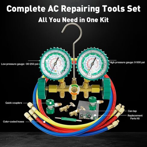 PB Motor Tech 3 Way AC Manifold Gauge Set for R134A R12 R22 R502 Refrigerants, with Quick Couplers, Two Can Taps, Hoses, Valve Core Tool, for Automotive & Household AC Maintenance (Green) in Kuwait