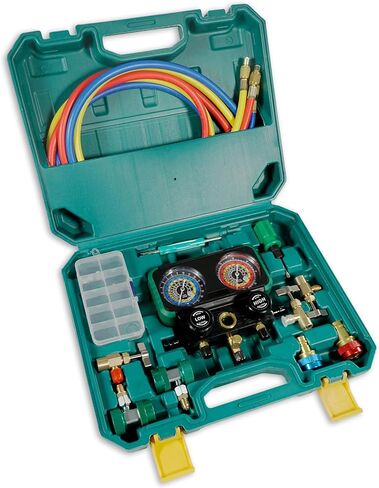 مجموعة قياس متعددة التيار المتردد 3 اتجاهات من PB Motor Tech لمبرد R1234yf R134a R404a، مع وصلات سريعة، ومحولات R1234yf، وثلاثة صنابير، وخراطيم، لصيانة السيارات والمنزلية AC (أسود) in Kuwait