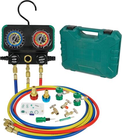 مجموعة قياس متعددة التيار المتردد 3 اتجاهات من PB Motor Tech لمبرد R1234yf R134a R404a، مع وصلات سريعة، ومحولات R1234yf، وثلاثة صنابير، وخراطيم، لصيانة السيارات والمنزلية AC (أسود) in Kuwait