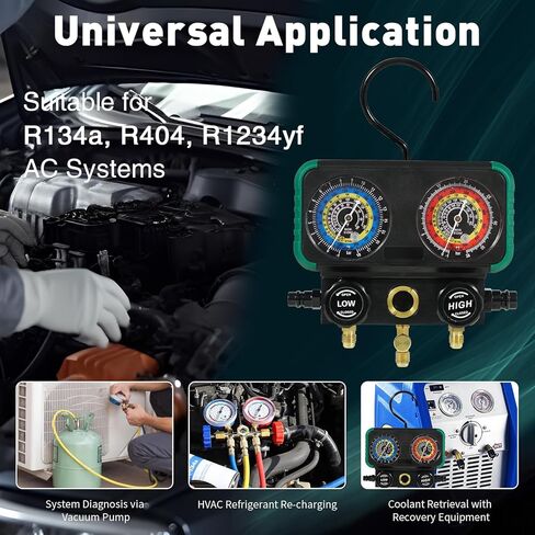 مجموعة قياس متعددة التيار المتردد 3 اتجاهات من PB Motor Tech لمبرد R1234yf R134a R404a، مع وصلات سريعة، ومحولات R1234yf، وثلاثة صنابير، وخراطيم، لصيانة السيارات والمنزلية AC (أسود) in Kuwait