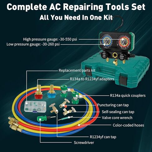 مجموعة قياس متعددة التيار المتردد 3 اتجاهات من PB Motor Tech لمبرد R1234yf R134a R404a، مع وصلات سريعة، ومحولات R1234yf، وثلاثة صنابير، وخراطيم، لصيانة السيارات والمنزلية AC (أسود) in Kuwait