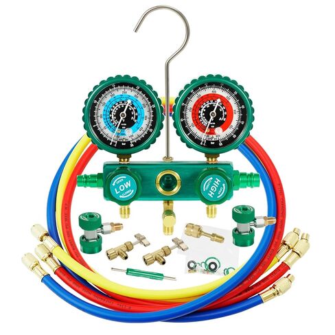 PB Motor Tech 3 Way AC Manifold Gauge Set for R134A, R410A, R22, R404A Refrigerants, with Aluminium Valve, Quick Couplers, 410 Adapter, Two Can Taps, Hoses, for Automotive AC Maintenance (Green) in Kuwait