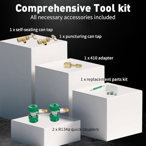 PB Motor Tech 3 Way AC Manifold Gauge Set for R134A, R410A, R22, R404A Refrigerants, with Aluminium Valve, Quick Couplers, 410 Adapter, Two Can Taps, Hoses, for Automotive AC Maintenance (Green) in Kuwait