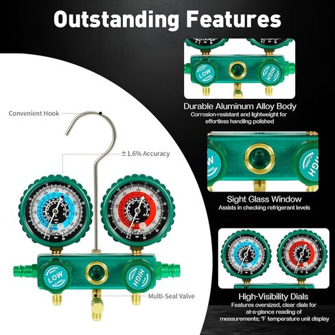 PB Motor Tech 3 Way AC Manifold Gauge Set for R134A, R410A, R22, R404A Refrigerants, with Aluminium Valve, Quick Couplers, 410 Adapter, Two Can Taps, Hoses, for Automotive AC Maintenance (Green) in Kuwait