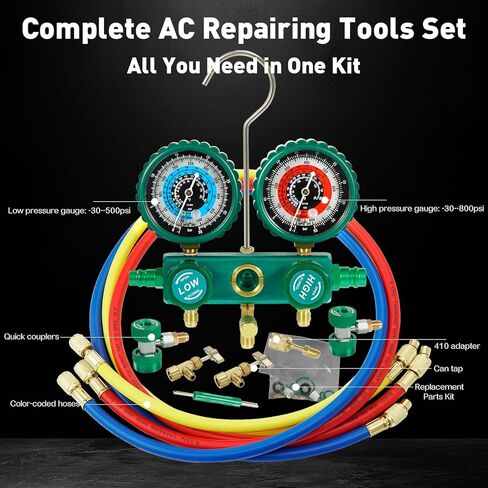 PB Motor Tech 3 Way AC Manifold Gauge Set for R134A, R410A, R22, R404A Refrigerants, with Aluminium Valve, Quick Couplers, 410 Adapter, Two Can Taps, Hoses, for Automotive AC Maintenance (Green) in Kuwait