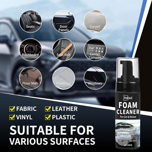Car Interior Foam Cleaner - Powerful Waterless Carpet Upholstery & Seat Stain Remover for Leather, Fabric, Vinyl - Auto Detailing Spray with Brush Safe for All Cars - 5oz / 150ml in Kuwait