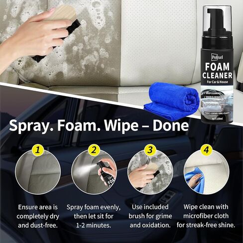 Car Interior Foam Cleaner - Powerful Waterless Carpet Upholstery & Seat Stain Remover for Leather, Fabric, Vinyl - Auto Detailing Spray with Brush Safe for All Cars - 5oz / 150ml in Kuwait