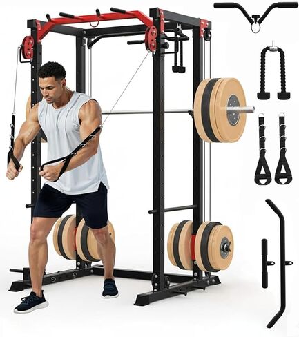 Power Cage, Power Rack with Cable Crossover System, 2000LBS Squat Rack with LAT Pull Down System, Workout Cage with Pulley System for Fitness Home Gym Strength Training, Orange & Black in Saudi Arabia