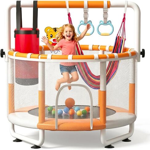 55" Kids Indoor Trampoline with Safety Net, Adjustable Gymnastics Bar & Toys – Indoor/Outdoor Toddler Play Gym for Boys & Girls Ages 3+, Birthday Gifts in Saudi Arabia
