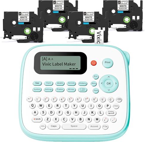 Vixic Label Maker, D210S Label Maker Machine with 4 Laminated Tapes, 12mm Labeler Labelmaker with Waterproof-Labels & QWERTY Keyboard, Print Different Fonts Frame for Home Office Kids School Items in Kuwait
