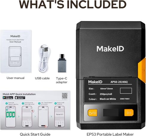 Makeid EP53 Portable Industrial Label Maker, 2" Print Head Bluetooth Label Printer, Mobile APP & PC Editor Compatible, 2600mAh Li-ion Battery, Come with 1" H x 2" W Label for Job Sites in Kuwait