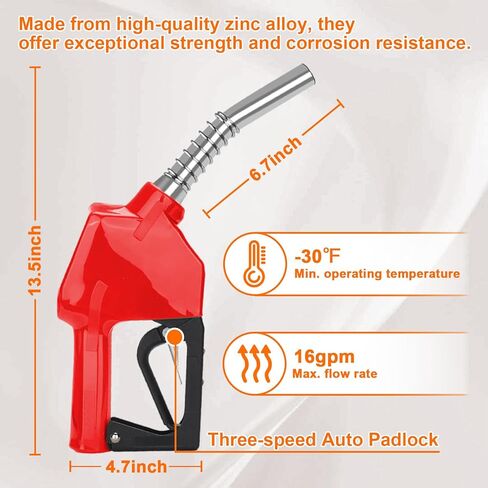3/4" NPT Auto Shut-Off Fuel Nozzle, Gas Pump Nozzle with 3-Speed Padlock (9-16 GPM) - 360° Swivel Hose for Gasoline, Diesel, Biodiesel B20, E15 & Kerosene (Soft Red) in Kuwait