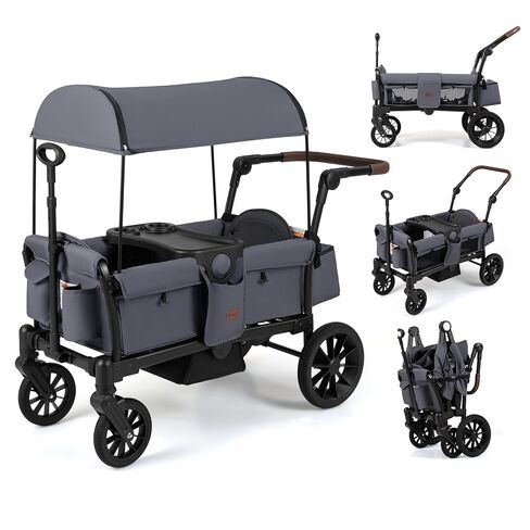 INFANS Wagon Stroller for 2 Kids, Foldable Wagon Cart with Adjustable Handle Pull Bar, Removable Canopy, Footwell, Snack Tray, Harnesses for Infants Toddlers 6-36 Months (Grey) in Kuwait