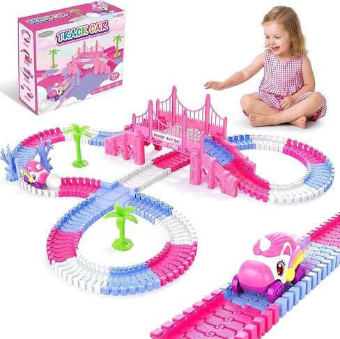 Race Car Tracks Toy Set for Girls Age 3-8, 214PCS Pink Princess Cars Toys with Monster Truck & Magic Bendable Train Tracks, Flexible DIY Raceway Set for Toddler Girls Christmas Birthday Gifts in Kuwait