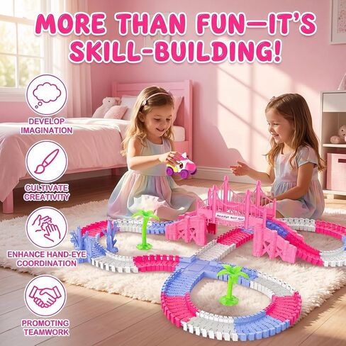 Race Car Tracks Toy Set for Girls Age 3-8, 214PCS Pink Princess Cars Toys with Monster Truck & Magic Bendable Train Tracks, Flexible DIY Raceway Set for Toddler Girls Christmas Birthday Gifts in Kuwait